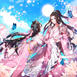 Rule 34 | 1boy, 1girl, apple caramel, black hair, blue butterfly, blue eyes, blue sky, bow, breasts, bubble, bug, butterfly, cherry blossoms, cloud, day, glint, hair ornament, holding hands, hetero, highres, bug, leaning forward, long hair, long sleeves, medium breasts, official art, pink bow, pink butterfly, ponytail, sidelocks, sky, smile, standing, sun, tanabata, very long hair, watermark, white butterfly, wide sleeves