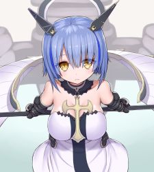 Rule 34 | 1girl, armor, asamura hiori, azur lane, bare shoulders, blue hair, blush, breasts, choker, closed mouth, collarbone, crossed legs, dress, eyelashes, eyes visible through hair, fleur-de-lis, floating headgear, from above, gascogne (azur lane), gauntlets, greaves, headgear, holding, holding weapon, large breasts, looking at viewer, revision, short hair, solo, standing, strapless, strapless dress, watson cross, weapon, white dress, yellow eyes