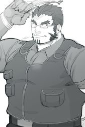 Rule 34 | 1boy, bara, belt, facial hair, fangs, forked eyebrows, glasses, goatee, greyscale, harada (basashi), large pectorals, long sideburns, looking at viewer, male focus, mature male, monochrome, muscular, muscular male, official alternate costume, pectorals, police, police uniform, short hair, sideburns, solo, tajikarao (housamo), tokyo houkago summoners, uniform, upper body, vest
