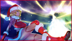Rule 34 | 1girl, blonde hair, blue eyes, boots, breasts, christmas, colored skin, dragon quest, dragon quest x, gloves, hat, hayami yuujirou, horns, large breasts, long hair, monster girl, ogre (dq10), pointy ears, red skin, santa costume, santa hat, sitting, smile, solo, spikes, tattoo