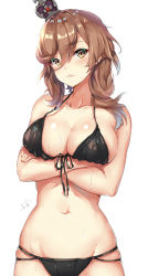 Rule 34 | 1girl, bare arms, bare shoulders, bikini, black bikini, black ribbon, blush, breast hold, breasts, brown eyes, brown hair, cleavage, collarbone, commentary request, cowboy shot, crossed arms, crown, dripping, front-tie bikini top, front-tie top, hair between eyes, highres, king george v (warship girls r), large breasts, long hair, multi-strapped bikini, multicolored nails, nail polish, navel, parted lips, ribbon, shiny skin, signature, simple background, skindentation, smile, solo, string bikini, swimsuit, warship girls r, water, wet, white background, zhudacaimiao