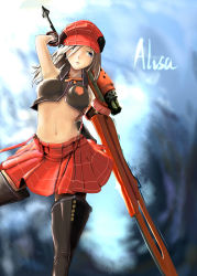 Rule 34 | 10s, 1girl, absurdres, alisa ilinichina amiella, arm up, armpits, blue eyes, boots, cabbie hat, character name, elbow gloves, fingerless gloves, gloves, god eater, hair over one eye, hat, highres, huge weapon, long hair, looking at viewer, no bra, open clothes, open shirt, pantyhose, shirt, silver hair, skirt, solo, suspender skirt, suspenders, sword, thigh boots, thighhighs, type-moon fans, weapon