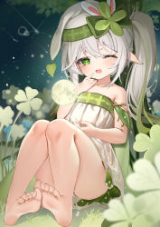 Rule 34 | 1girl, absurdres, bare arms, bare shoulders, barefoot, blush, bow, colored tips, congqian you ke xing, cross-shaped pupils, dress, feet, floating, floating object, flower, full body, genshin impact, gradient hair, grass, green bow, green eyes, green hair, hair bow, hair ornament, hat, highres, knees up, leaf hair ornament, looking at viewer, multicolored hair, nahida (genshin impact), nightcap, one eye closed, open mouth, pointy ears, ponytail, short dress, side ponytail, sidelocks, soles, solo, strapless, strapless dress, symbol-shaped pupils, toes, white dress, white hair
