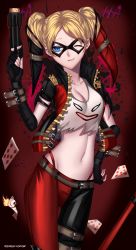 Rule 34 | 1girl, absurdres, batman (series), belt, blue eyes, breasts, cleavage, dc comics, fingerless gloves, gloves, gun, harley quinn, highres, injustice: gods among us, jacket, one eye closed, solo, twintails, weapon, wink