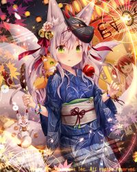 Rule 34 | animal, animal ears, animal on shoulder, bell, blue kimono, blush, bracelet, candy apple, falkyrie no monshou, food, fox, fox ears, fox tail, green eyes, holding, holding food, japanese clothes, jewelry, kimono, long hair, looking at viewer, looking away, mask, mask on head, natsumekinoko, official art, red ribbon, ribbon, tail, tongue, tongue out, yukata