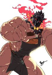 Rule 34 | 1boy, abs, apron, bara, bare shoulders, black apron, bulge, chest hair, chocolate, collar, erection, erection under clothes, fire, glowing, glowing eyes, helmet, highres, incoming food, kimidori (dera kimidori), large pectorals, leaning forward, looking at viewer, male focus, mature male, midriff peek, muscular, muscular male, naked apron, pectorals, red eyes, sidepec, solo, spiked collar, spikes, surtr (housamo), sweat, thick thighs, thighs, tokyo houkago summoners