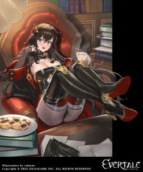 Rule 34 | 1girl, ahoge, aqua eyes, armchair, artist name, ass, book, bookshelf, boots, breasts, bridal gauntlets, brown hair, chair, coat, commentary request, company connection, cookie, copyright name, crossed legs, cuboon, cup, detached sleeves, dress, evertale, food, full body, gloves, gold trim, hair ornament, high heel boots, high heels, highres, holding, holding cup, holding food, indoors, lips, logo, long hair, long sleeves, looking at viewer, medium breasts, official art, open mouth, panties, paper, plate, short dress, simple background, solo, steam, table, tea, teeth, thigh boots, thighs, turtleneck, underwear, upper teeth only