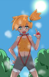 Rule 34 | 1girl, aqua eyes, areola slip, bare shoulders, blue sky, blush, bodypaint, breasts, collarbone, creatures (company), day, female focus, game freak, hair tie, hand on own hip, hand up, heart, heart-shaped pupils, holding, holding poke ball, legs apart, looking at viewer, misty (pokemon), navel, nintendo, one-piece swimsuit, open mouth, orange hair, outdoors, painted clothes, poke ball, poke ball (basic), pokemon, pokemon (anime), pokemon (classic anime), red one-piece swimsuit, shiny skin, short hair, side ponytail, sky, slingshot swimsuit, small breasts, smile, solo, standing, steam, steaming body, sun, sweat, swimsuit, symbol-shaped pupils, t=k, tree