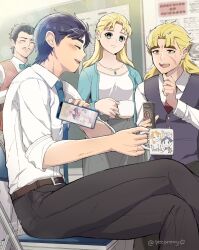 Rule 34 | 1girl, 3boys, belt, black hair, black pants, blonde hair, blue eyes, blue hair, blush, cellphone, closed eyes, closed mouth, coffee mug, cup, dio brando, erina pendleton, facial hair, giorno giovanna, highres, holding, holding cup, holding phone, implied yaoi, indoors, jewelry, jojo no kimyou na bouken, jonathan joestar, long hair, long sleeves, looking at another, mixed-language commentary, morino peko, mug, multiple boys, necklace, necktie, pants, phantom blood, phone, robert e. o. speedwagon, shirt, short hair, skirt, sleeves rolled up, smartphone, smile, twitter username, vest, white shirt, will anthonio zeppeli