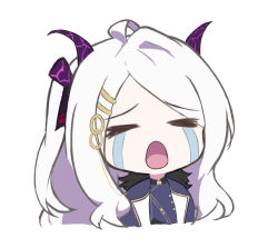 Rule 34 | 1girl, ahoge, black jacket, blue archive, blush, chibi, closed eyes, commentary, crying, crying emoji, curled horns, demon horns, emoji, facing viewer, hair between eyes, hair ornament, hairclip, hina (blue archive), horns, jacket, long hair, meme, multiple horns, open mouth, parted bangs, shin 121, shirt, simple background, solo, symbol-only commentary, tears, uohhhhhhhhh! (meme), upper body, white background, white hair