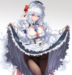 Rule 34 | 1girl, animal ears, arknights, bear ears, blush, breasts, cleavage, cleavage cutout, clothes lift, clothing cutout, curly hair, dress, dress lift, fatkewell, heterochromia, highres, large breasts, long hair, maid day, necktie, panties, pantyshot, rosa (arknights), simple background, smile, solo, thighhighs, underwear, very long hair, white background, white hair