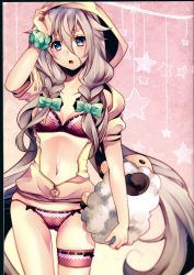 Rule 34 | 1girl, :o, absurdres, bad id, bad yandere id, blouse, bra, breasts, cameltoe, cleavage, highres, hood, hoodie, ia (vocaloid), bridal garter, lingerie, long hair, midriff, navel, open clothes, open shirt, panties, pinup (style), shirt, small breasts, solo, underwear, very long hair, vocaloid