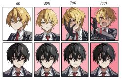 Rule 34 | 2boys, black eyes, black gloves, black hair, blonde hair, blush, closed mouth, collared shirt, commentary request, frown, gloves, grey jacket, highres, jacket, limbus company, long sleeves, mu46016419, multiple boys, necktie, project moon, red necktie, shirt, short hair, sinclair (project moon), sweat, v-shaped eyebrows, white shirt, yellow eyes, yi sang (project moon)