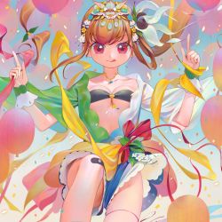 Rule 34 | 1girl, :q, absurdres, back bow, balloon, bandaid, bandaid on knee, bandaid on leg, bow, breasts, brown hair, confetti, flower, hair flower, hair ornament, headpiece, highres, index finger raised, jewelry, kaede (shijie heping), long hair, looking at viewer, medium breasts, necklace, open clothes, original, red eyes, ribbon, shorts, side ponytail, solo, strapless, thigh strap, tongue, tongue out, tube top, wrist cuffs