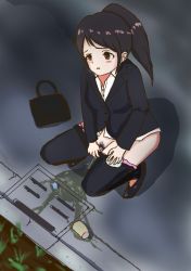 Rule 34 | 1girl, bag, black footwear, black hair, black jacket, black pants, blush, breasts, brown eyes, brown hair, buta no fuguri, can, clothes pull, drain (object), drink can, female pubic hair, formal, grass, handbag, highres, holding, jacket, large breasts, long hair, long sleeves, looking down, office lady, open mouth, original, outdoors, panties, pants, pants pull, panty pull, peeing, pink panties, ponytail, pubic hair, puddle, pussy, road, shirt, shoes, soda can, solo, squatting, storm drain, street, suit, tin can, tissue, uncensored, underwear, white shirt