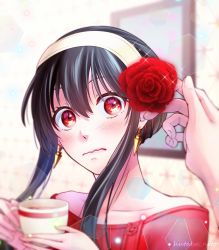 Rule 34 | 1girl, artist name, black hair, blush, cup, earrings, flower, hair flower, hair ornament, hairband, holding, holding cup, hutaba nito, jewelry, long hair, red eyes, red flower, red rose, red sweater, rose, sidelocks, spy x family, sweater, wavy mouth, white hairband, yor briar