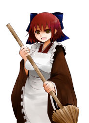 Rule 34 | 1girl, :d, apron, arano oki, blue bow, bow, breasts, broom, brown eyes, brown kimono, frilled apron, frills, hair between eyes, hair bow, holding, holding broom, japanese clothes, kimono, kohaku (tsukihime), long sleeves, looking at viewer, maid, maid apron, medium breasts, open mouth, red hair, simple background, smile, solo, tsukihime, wa maid, white apron, white background, wide sleeves