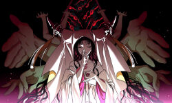 Rule 34 | 1girl, black hair, black horns, breasts, camisole, chest tattoo, closed eyes, commentary, covered mouth, demon pillar (fate), detached sleeves, disembodied hand, easel (dam0628), eyeball, facial mark, facing viewer, fate/grand order, fate (series), forehead mark, forehead tattoo, hands up, highres, horn ornament, horn ring, horns, long hair, long sleeves, medium breasts, mudra, multicolored hair, multicolored horns, parted bangs, pink hair, pink horns, pink ribbon, ribbon, sessyoin kiara, solo focus, spaghetti strap, streaked hair, tassel, tattoo, two-tone horns, very long hair, vitarka mudra, wavy hair, white camisole, white sleeves, white veil, wide sleeves