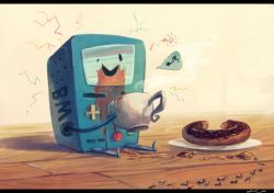 Rule 34 | 1other, adventure time, ant, beemo, broken screen, bug, coffee, coffee cup, cup, disposable cup, doughnut, drinking, food, game console, indoors, insect, koto inari, letterboxed, musical note, no humans, on table, smile, static, table, teemo