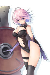 Rule 34 | 1girl, black thighhighs, breasts, cleavage, closed mouth, elbow gloves, fate/grand order, fate (series), gloves, hair between eyes, highres, koflif, large breasts, looking at viewer, mash kyrielight, navel, pink hair, purple eyes, shield, short hair, simple background, smile, solo, standing, thighhighs, white background
