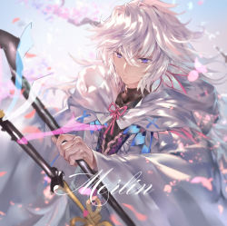 Rule 34 | 1boy, azomo, black shirt, blue eyes, blue sky, character name, cherry blossoms, closed mouth, day, fate (series), hair between eyes, highres, holding, hood, hood down, long hair, male focus, merlin (fate/stay night), messy hair, outdoors, robe, shirt, sky, smile, solo, staff
