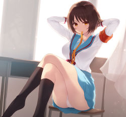 Rule 34 | 1girl, armband, arms behind head, arms up, backlighting, black socks, blue sailor collar, blue skirt, breasts, brown eyes, brown hair, cait aron, chair, closed mouth, crossed legs, curtains, feet out of frame, hair ribbon, indoors, kita high school uniform, kneehighs, light smile, long sleeves, medium breasts, mouth hold, no shoes, on chair, panties, pantyshot, pleated skirt, ribbon, ribbon in mouth, sailor collar, school uniform, serafuku, shirt, sitting, skirt, socks, solo, suzumiya haruhi, suzumiya haruhi no yuuutsu, table, underwear, white panties, white shirt, window, yellow ribbon