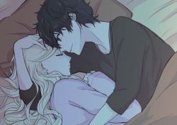 Rule 34 | 10s, 1boy, 1girl, amamiya ren, bed sheet, black eyes, black hair, blonde hair, brown shirt, collarbone, couple, dark, closed eyes, from above, hug, indoors, long hair, lying, on side, parted lips, persona, persona 5, pillow, pink sweater, shirt, sketch, sleeping, smile, sweater, takamaki anne, under covers, upper body, yolkyao