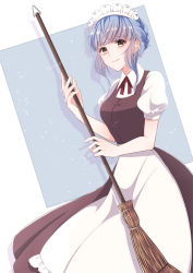 Rule 34 | 1girl, alternate costume, apron, bags under eyes, blue hair, braid, breasts, broom, brown dress, brown eyes, buttons, closed mouth, collared dress, commentary request, crown braid, dress, fingernails, fire emblem, fire emblem: three houses, highres, holding, holding broom, looking at viewer, maid, maid headdress, marianne von edmund, nintendo, puffy sleeves, red neckwear, red ribbon, ribbon, sidelocks, smile, solo, twitter username, waist apron, white apron, white headwear, yutohiroya