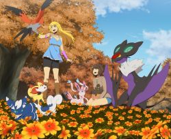 Rule 34 | 1boy, 3girls, armband, blonde hair, blue sky, boots, brown footwear, brown hair, cat, cloud, creatures (company), danzilla, day, fennekin, flower, forest, game freak, gen 6 pokemon, jewelry, knee boots, looking at another, looking up, meowstic, meowstic (female), meowstic (male), multiple girls, nature, necklace, nintendo, noivern, pokemon, pokemon (creature), pumpkaboo, ribbed sweater, short hair, sitting, sky, sweater, sylveon, talonflame, tree, wind