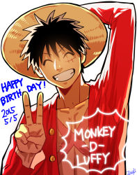 Rule 34 | 1boy, ^ ^, arm behind head, black hair, character name, closed eyes, facial scar, facing viewer, grin, hand on headwear, happy birthday, hat, male focus, monkey d. luffy, okada (hoooojicha), one piece, open clothes, open shirt, red shirt, scar, scar on cheek, scar on face, shirt, short hair, signature, simple background, smile, solo, straw hat, upper body, v, white background