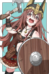 Rule 34 | 1girl, :3, absurdres, armor, axe, bag, bikini armor, blue background, blush, border, breasts, brown bag, brown eyes, brown hair, commentary, fake horns, fang, flower 035, helmet, highres, holding, holding axe, holding shield, hololive, horned helmet, horns, inugami korone, inugami korone (viking), jewelry, leather armor, long hair, looking at viewer, medium breasts, necklace, official alternate costume, open mouth, pauldrons, paw print, satchel, shield, shoulder armor, solo, symbol-only commentary, viking, virtual youtuber, white border