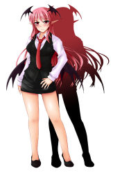 Rule 34 | 1girl, bare legs, bat wings, breasts, colored shadow, contrapposto, full body, hand on own thigh, head wings, koakuma, light smile, long hair, long sleeves, looking at viewer, miniskirt, necktie, pantyhose, pink hair, pointy ears, red eyes, red necktie, shadow, shoes, simple background, skirt, solo, standing, touhou, vest, white background, wings, yumi (careca398)