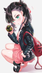 Rule 34 | 1girl, absurdres, aqua eyes, asymmetrical bangs, backpack, bad id, bad pixiv id, bag, black footwear, black hair, black jacket, black nails, boots, breasts, choker, cleavage, collarbone, creatures (company), dress, dusk ball, earrings, fang, game freak, hand up, head tilt, highres, holding, holding poke ball, jacket, jewelry, long hair, long sleeves, looking at viewer, marnie (pokemon), nail polish, nintendo, open clothes, open jacket, parted lips, pink dress, poke ball, pokemon, pokemon swsh, shadow, simple background, small breasts, solo, squatting, thighs, tokkyu, twintails, white background