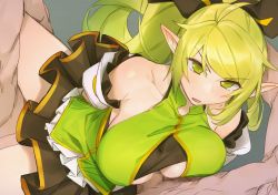 Rule 34 | 1girl, 2boys, anemos (elsword), bare shoulders, berg-yb, blush, breasts squeezed together, breasts, cleavage, clothed female nude male, clothed sex, detached sleeves, elf, elsword, green eyes, green hair, group sex, hetero, large breasts, long hair, mmf threesome, multiple boys, nude, open mouth, paizuri, paizuri under clothes, penis, pointy ears, ponytail, rena erindel, sex, threesome, vaginal, very long hair