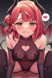 Rule 34 | 1boy, 1girl, :q, bare shoulders, black gloves, black leotard, black thighhighs, blush, breasts, closed mouth, collarbone, deadnooodles, demon girl, demon horns, demon tail, demon wings, elbow gloves, girl on top, gloves, gradient background, heart, heart tattoo, hetero, highres, horns, leotard, looking at viewer, love live!, love live! nijigasaki high school idol club, medium breasts, navel, pov, red hair, sex, smile, solo focus, spoken heart, straddling, tail, tattoo, thighhighs, tongue, tongue out, uehara ayumu, vaginal, wings, yellow eyes