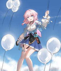 Rule 34 | absurdres, balloon, black choker, black corset, black gloves, blue eyes, blue jacket, blue skirt, blue sky, bra strap, breasts, buttons, camera, choker, corset, dress shirt, earrings, feet out of frame, flower ornament, gloves, gradient jacket, highres, holding, holding balloon, honkai: star rail, honkai (series), jacket, jewelry, lisebai, long sleeves, march 7th (honkai: star rail), march 7th (preservation) (honkai: star rail), medium breasts, medium hair, miniskirt, open mouth, partially fingerless gloves, pink eyes, pink hair, pink jacket, pink pupils, pleated skirt, shirt, single earring, single glove, skirt, sky, smile, thigh strap, tied jacket, two-tone eyes, underbust, white shirt