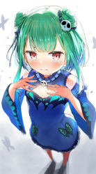 Rule 34 | 1girl, absurdres, animal print, blue dress, blush, brooch, butterfly print, cleavage cutout, clothing cutout, commentary request, double bun, dress, earrings, fang, flat chest, full body, green hair, hair bun, hair ornament, highres, hololive, jewelry, looking at viewer, nose blush, red eyes, rinki oohen, short hair, skull earrings, skull hair ornament, solo, standing, tearing up, uruha rushia, uruha rushia (1st costume), virtual youtuber, wide sleeves