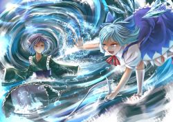 Rule 34 | 2girls, battle, blue dress, blue eyes, blue hair, cirno, dress, fang, fins, haru-kun, head fins, ice, japanese clothes, kimono, kneehighs, long sleeves, looking at another, mermaid, monster girl, multiple girls, obi, open mouth, outstretched arms, outstretched hand, partially submerged, ribbon, sash, short hair, short sleeves, sleeves past wrists, smile, socks, spread arms, standing, standing on one leg, tail, tail grab, touhou, wakasagihime, water, whirlpool, white legwear, wings