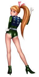 Rule 34 | 1970s (style), 1girl, ankle boots, arms up, ass, bare legs, blonde hair, blue eyes, boots, bow, from behind, full body, gloves, gluteal fold, green footwear, hair bow, hair ribbon, hand on own hip, high heel boots, high heels, highres, kamikita keiko, legs, legs apart, lips, lipstick, long hair, long legs, looking at viewer, looking back, makeup, muteki choujin zambot 3, oldschool, pink bow, pink ribbon, ponytail, python (snake legs), retro artstyle, ribbon, shiny clothes, shoes, simple background, solo, standing, thighs, vest, white background, white gloves, zambot3