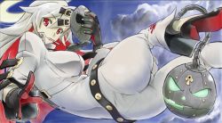 Rule 34 | 1girl, ass, ball and chain restraint, belt, black gloves, bodysuit, breasts, candy, spiked halo, falling, food, gloves, guilty gear, guilty gear xrd, halo, hanabusa (pixiv28207904), highres, jack-o&#039; valentine, large breasts, lollipop, long hair, looking at viewer, looking back, mask, unworn mask, multicolored hair, pantylines, red eyes, red hair, silver hair, solo, two-tone hair