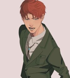 Rule 34 | 1boy, absurdres, amulet, bad id, bad twitter id, coat, collared shirt, floch forster, green coat, highres, jacket, jewelry, long coat, looking at viewer, male focus, necklace, open mouth, red hair, shingeki no kyojin, shirt, short hair, simbbaba, solo, yellow eyes