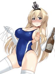 Rule 34 | 1girl, alcohol, blonde hair, blue eyes, blue one-piece swimsuit, blush, bottle, braid, breasts, cleavage, commentary request, competition swimsuit, cowboy shot, cup, drinking glass, elbow gloves, french braid, gloves, highleg, highleg swimsuit, highres, holding, kantai collection, kinakomochi (testament05), long hair, looking at viewer, medium breasts, nose blush, one-piece swimsuit, simple background, solo, swimsuit, thighhighs, warspite (kancolle), white background, white gloves, white thighhighs, wine, wine glass