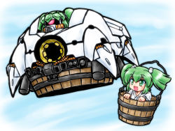 Rule 34 | 1girl, apsalus, bad id, bad pixiv id, blue sky, bucket, cannon, crossover, female focus, flying, green eyes, green hair, gundam, gundam 08th ms team, hair bobbles, hair ornament, in bucket, in container, japanese clothes, kimono, kisume, matching hair/eyes, mayohi neko, mecha, mechanization, military, military vehicle, motor vehicle, open mouth, red eyes, robot, sd gundam, sky, smile, solo, tank, touhou, twintails, vehicle, yukata