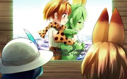 Rule 34 | 10s, animal ears, backlighting, blonde hair, blue hair, cellval, colored skin, commentary request, elbow gloves, extra ears, gloves, green hair, green skin, half-closed eyes, hat, hat feather, hug, hug from behind, kaban (kemono friends), kemono friends, multiple girls, print gloves, print neckwear, profile, red eyes, serval (kemono friends), serval print, shirt, short hair, signature, tears, translation request, welt (kinsei koutenkyoku), white hat, white shirt, wooden wall, yellow eyes