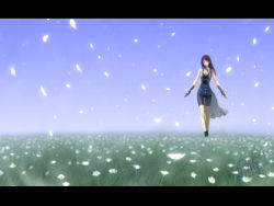 Rule 34 | 1990s (style), 1girl, arm warmers, bike shorts, black hair, boots, breasts, cleavage, closed eyes, commentary, detached sleeves, field, final fantasy, final fantasy viii, fingerless gloves, flower, gloves, highres, jayun, letterboxed, petals, retro artstyle, rinoa heartilly, skirt, solo, walking, wallpaper