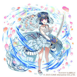 Rule 34 | 1girl, blue dress, blue hair, bow, bridal gauntlets, bride, bubble, dated, dress, flower, frilled skirt, frills, full body, fumi (butakotai), gem, gloves, gothic wa mahou otome, hair ornament, head wreath, holding, holding sword, holding weapon, kasumi (gothic wa mahou otome), looking at viewer, magic, official art, open mouth, petals, purple eyes, ribbon, short hair, skirt, smile, solo, sword, veil, watermark, weapon, wedding dress, white background, white footwear