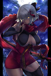 Rule 34 | 1girl, ahoge, arm guards, bare shoulders, black bow, bow, breasts, cleavage cutout, clothing cutout, dark-skinned female, dark skin, detached sleeves, fate/grand order, fate (series), hair between eyes, hair bow, highres, hotate-chan, katana, koha-ace, large breasts, looking at viewer, night, night sky, okita souji (fate), okita souji alter (fate), okita souji alter (first ascension) (fate), red scarf, scarf, short hair, sky, solo, sword, tassel, thighs, weapon, white hair, yellow eyes
