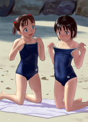 Rule 34 | 2girls, arena (company), blue one-piece swimsuit, brown eyes, brown hair, clothes pull, collarbone, commentary request, competition school swimsuit, full body, hair bobbles, hair ornament, kneeling, logo, mu-pyon, multiple girls, one-piece swimsuit, one-piece swimsuit pull, original, rock, sand, school swimsuit, short hair, smile, swimsuit, towel, twintails