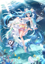Rule 34 | 1girl, :d, air bubble, barefoot, bison cangshu, blue eyes, blue hair, breasts, bubble, caustics, clam shell, commentary request, coral, detached sleeves, dress, fish, frills, full body, gem, hair ornament, hatsune miku, high heels, highres, jewelry, light rays, long hair, looking at viewer, medium breasts, mermaid costume, necklace, open mouth, panda, pearl (gemstone), see-through, see-through sleeves, smile, solo, submerged, thigh strap, twintails, underwater, very long hair, vocaloid, water