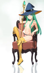 Rule 34 | 1girl, :&lt;, absurdres, aqua eyes, armchair, bare arms, blue hat, boots, breasts, breasts apart, chair, closed mouth, collarbone, crossed legs, detexted, female focus, fingernails, full body, green hair, hair censor, hair over breasts, hat, highres, long hair, looking at viewer, masou shizuka, navel, orion (orionproject), panties, panty pull, pink panties, pulled by self, rance (series), rance vi, reflective floor, scan, simple background, sitting, small breasts, solo, staff, stomach, thigh boots, thighhighs, third-party edit, topless, underwear, underwear only, witch hat, yellow footwear